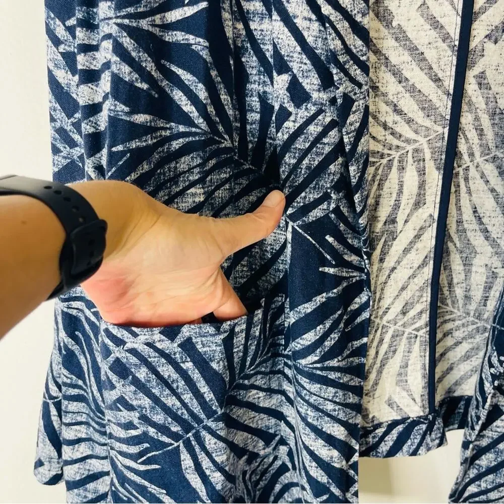 Old Navy blue white palm tropical linen lightweight open jacket XXL